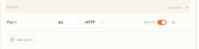 The Ports section of the resource drawer, summarised as 1 exposed, with a single row labelled Port 1 holding the number 80, protocol HTTP, and a public toggle switched on, above an add port button