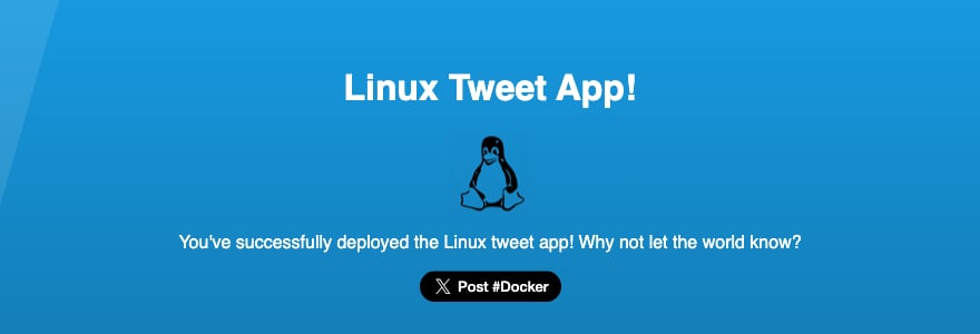 The deployed sample app rendered in a browser, showing a blue page with the heading Linux Tweet App, a penguin logo, and the text You have successfully deployed the Linux tweet app