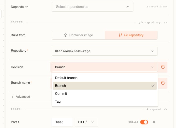 The resource drawer's Source section, showing the Build from toggle set to Git repository, a Repository field holding a selected repository, and the Revision select open with its four choices — Default branch, Branch, Commit and Tag — above a required Branch name field