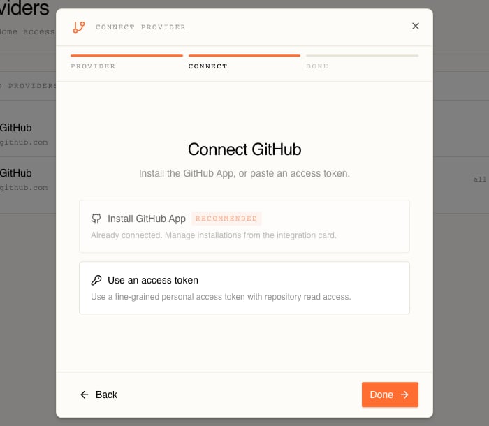 The Connect GitHub step offering Install GitHub App, marked Recommended but greyed out with the note Already connected, and Use an access token