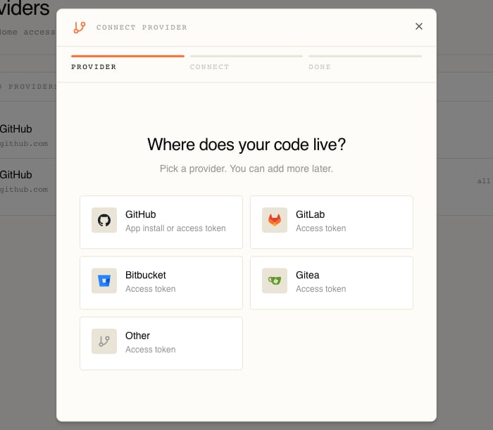 The Connect provider dialog on its first step, asking Where does your code live and offering GitHub, GitLab, Bitbucket, Gitea and Other tiles