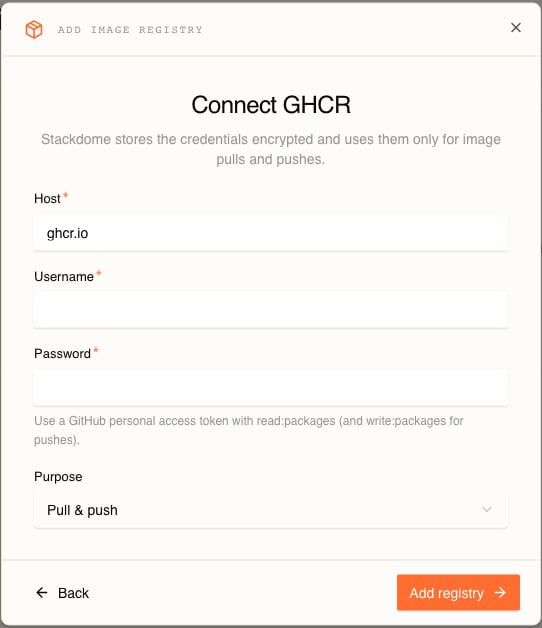 The Connect GHCR step of the Add image registry dialog, with Host prefilled as ghcr.io, empty Username and Password fields, a hint about GitHub personal access tokens, and Purpose set to Pull and push