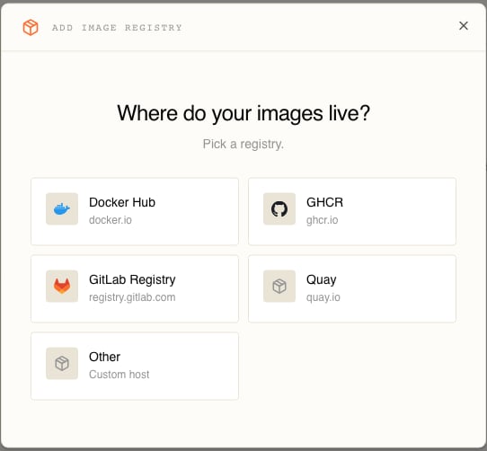 The Add image registry dialog asking Where do your images live, with Docker Hub, GHCR, GitLab Registry, Quay and Other tiles