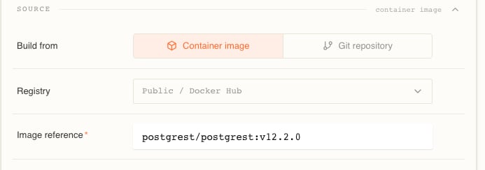 The resource drawer's Source section, showing the Build from toggle set to Container image, a Registry row reading Public / Docker Hub, and a required Image reference field holding postgrest/postgrest:v12.2.0
