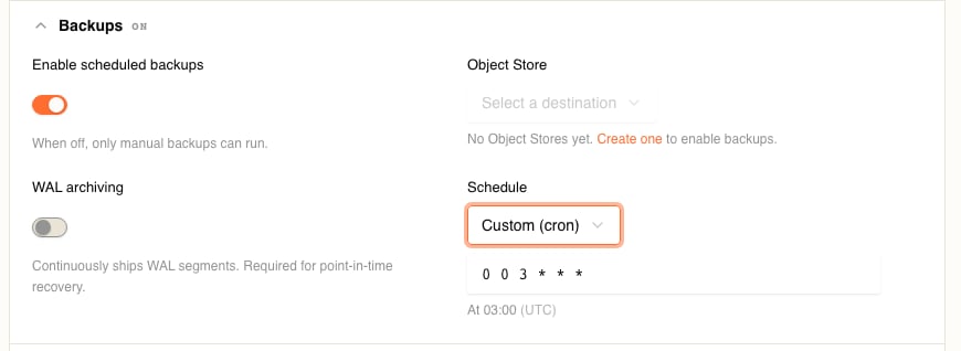 The create form's Backups section expanded, with Enable scheduled backups switched on, an Object Store select disabled and hinted No Object Stores yet, a WAL archiving switch, and a Schedule set to Custom cron showing the expression 0 0 3 star star star described as At 03:00 UTC
