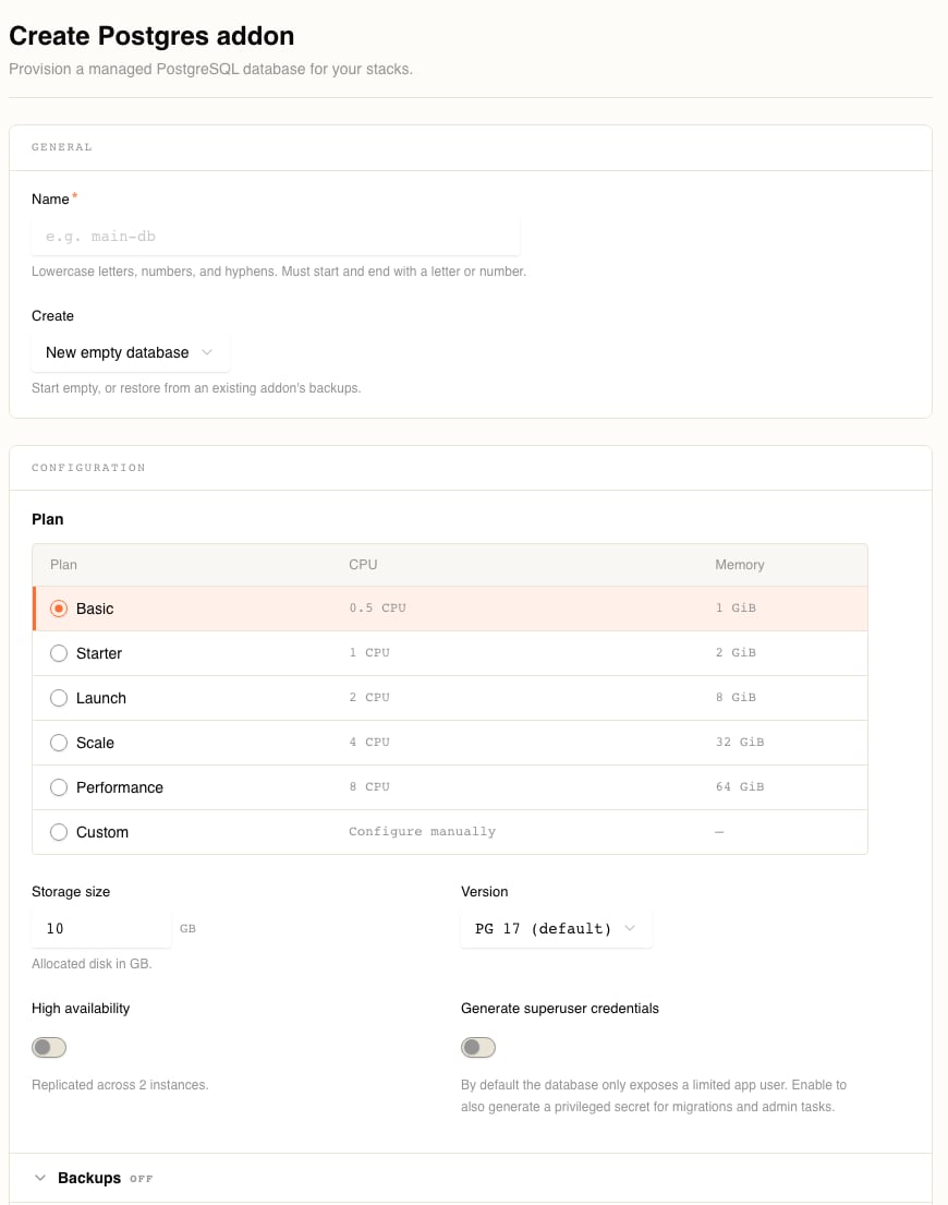 The Create Postgres addon form, showing the General panel with a Name field and a Create select reading New empty database, and the Configuration panel with the six-row plan table, Storage size 10 GB, Version PG 17, and switches for High availability and Generate superuser credentials