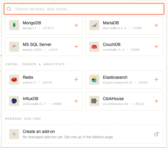 The Add resource panel on a stack's Architecture tab, scrolled to the bottom, showing the DATABASES and CACHE, SEARCH & ANALYTICS block tiles above a MANAGED ADD-ONS section whose only entry is a dashed Create an add-on tile reading No managed add-ons yet. Set one up in the Addons page