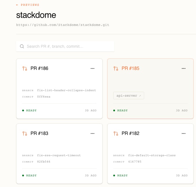 The detail page for the stackdome preview configuration, headed with the repository URL, a search field for PR number, branch or commit, and four environment cards for pull requests 186, 185, 183 and 182 — all marked READY, with 186, 183 and 182 showing their branch and short commit, and 185 showing a clickable api-server resource chip