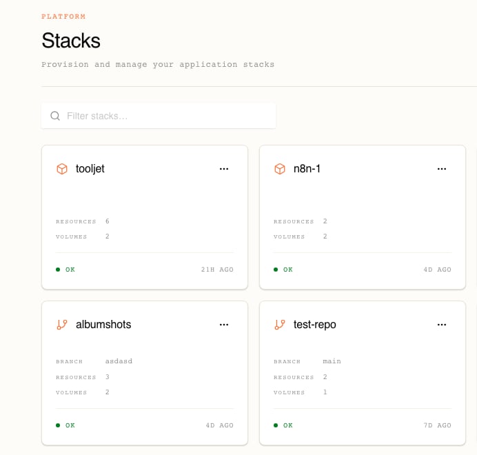 The Stacks list, with a "Filter stacks" box above stack cards showing resource and volume counts, an OK status, and when each stack last changed