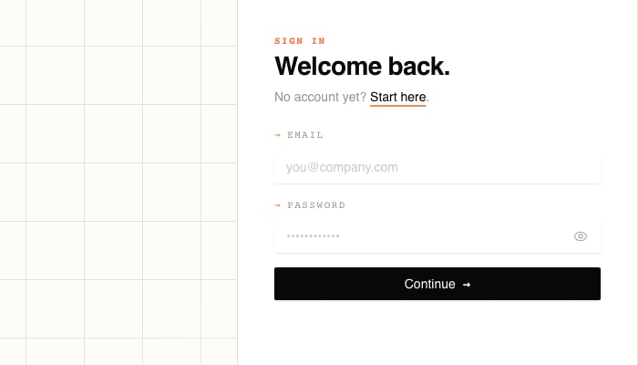 The Stackdome sign-in form, headed "Welcome back.", with empty Email and Password fields and a Continue button