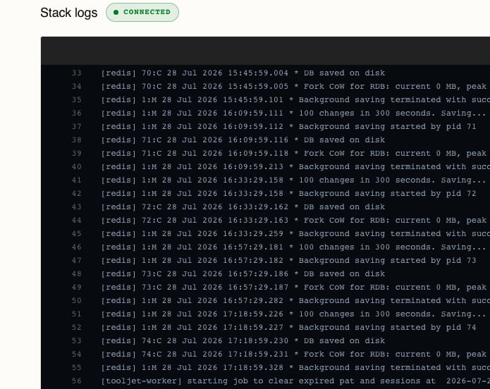 A close crop of the Logs tab: the heading Stack logs with a CONNECTED pill, above a dark terminal panel of numbered log lines each prefixed with the resource that emitted it, a run of redis lines followed by the first tooljet-worker line, with the Resources filter and the time-range control outside the crop