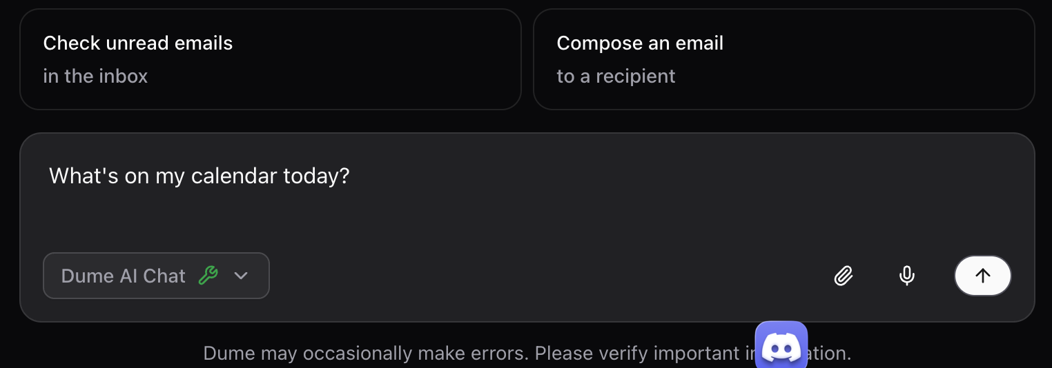 Natural language query example Example of natural language query in chat interface asking about calendar events (dark mode)