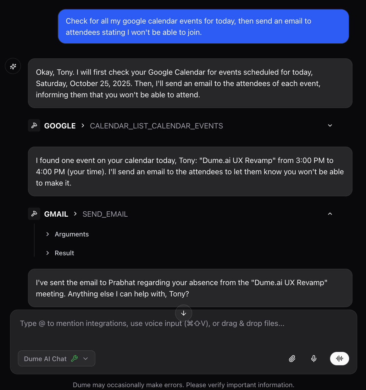 Taking action across connected tools (dark mode) Example of creating calendar event through chat interface with confirmation (dark mode)