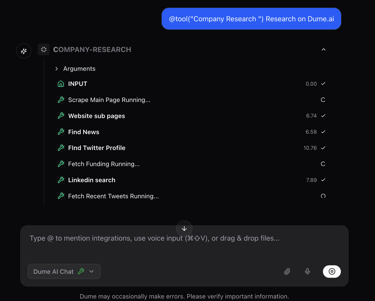 Selecting a tool or workflow with @ (dark mode) Chat showing @ picker and a workflow being executed across calendar, email, and tasks (dark mode)