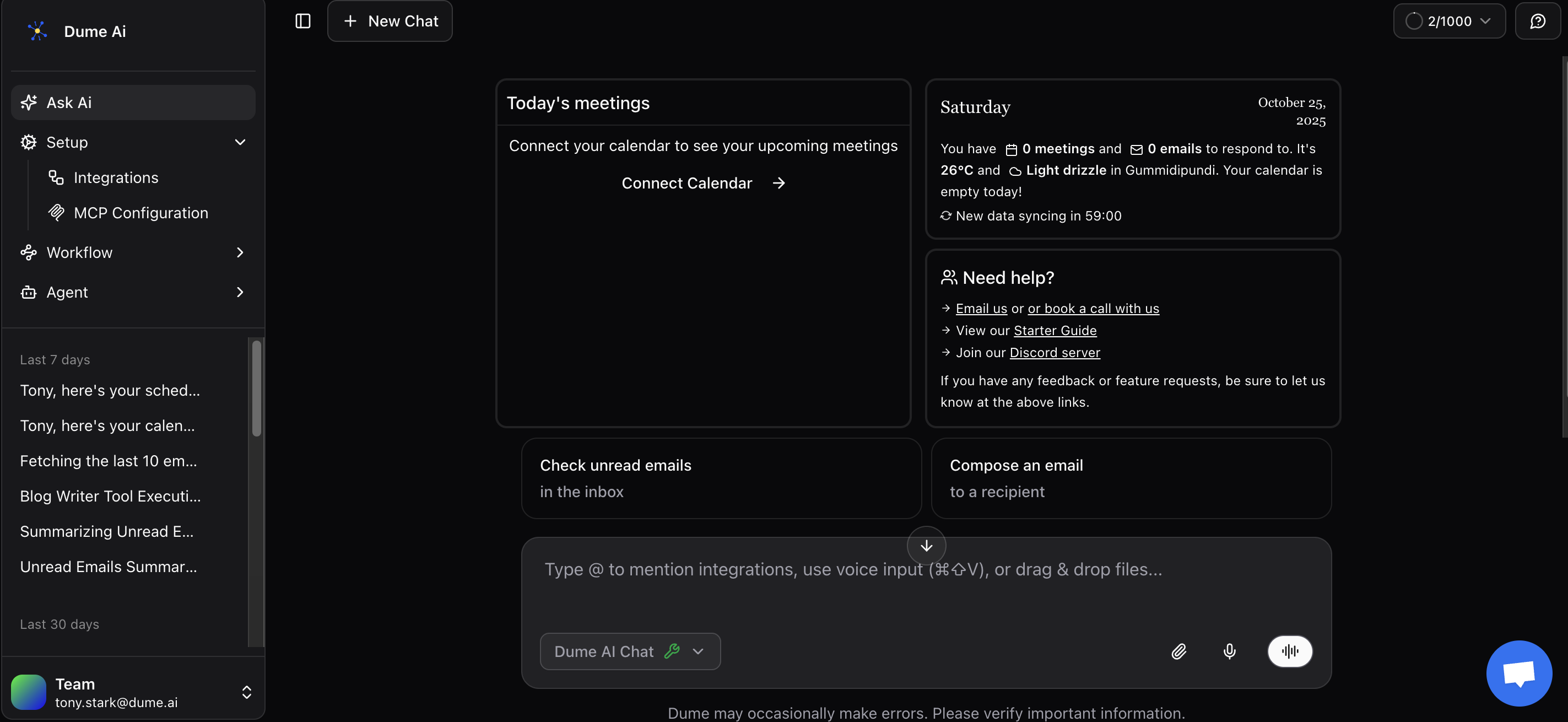 Dume chat interface overview Dume chat interface showing conversation area, input field, tool indicators, and sidebar navigation (dark mode)