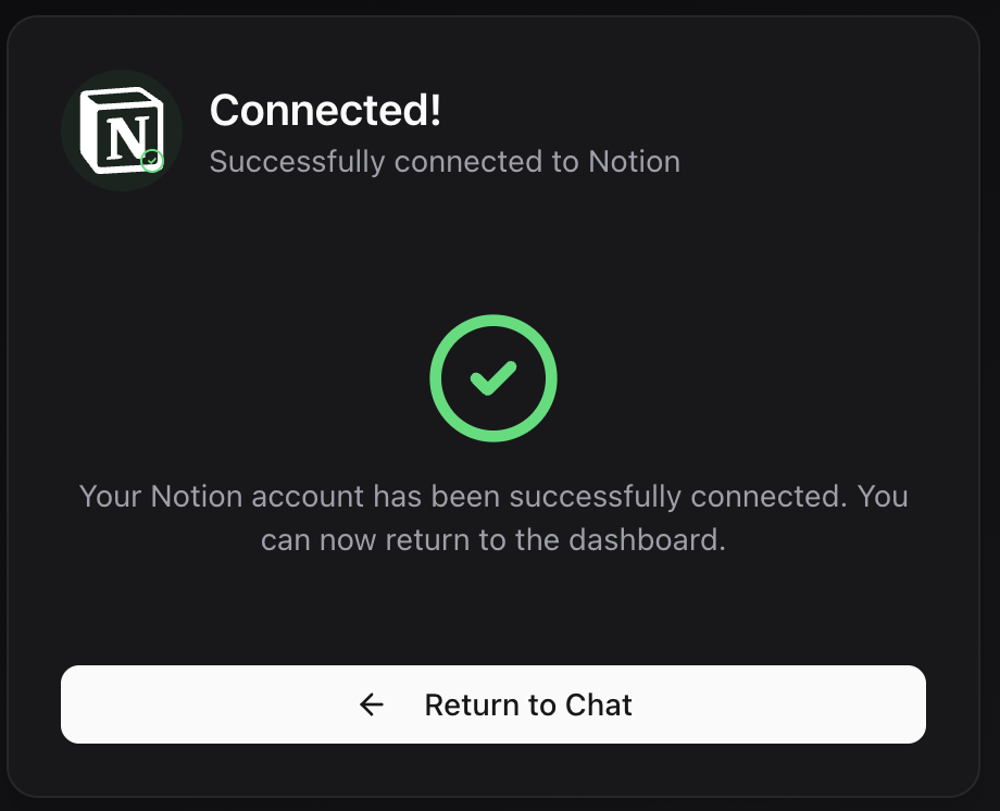 Integration successfully connected (dark mode) Successful integration confirmation showing connected status and available features (dark mode)