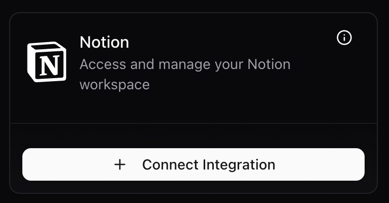 Selecting an integration to connect (dark mode) Integration selection interface showing various third-party tools with connect buttons (dark mode)