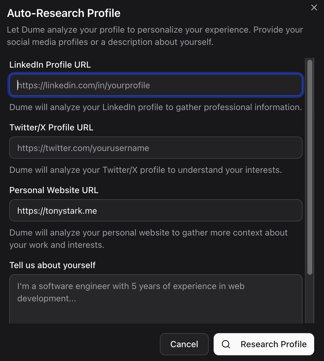 Auto-research feature configuration (dark mode) Auto-research toggle and input field for website or social media profile URL (dark mode)