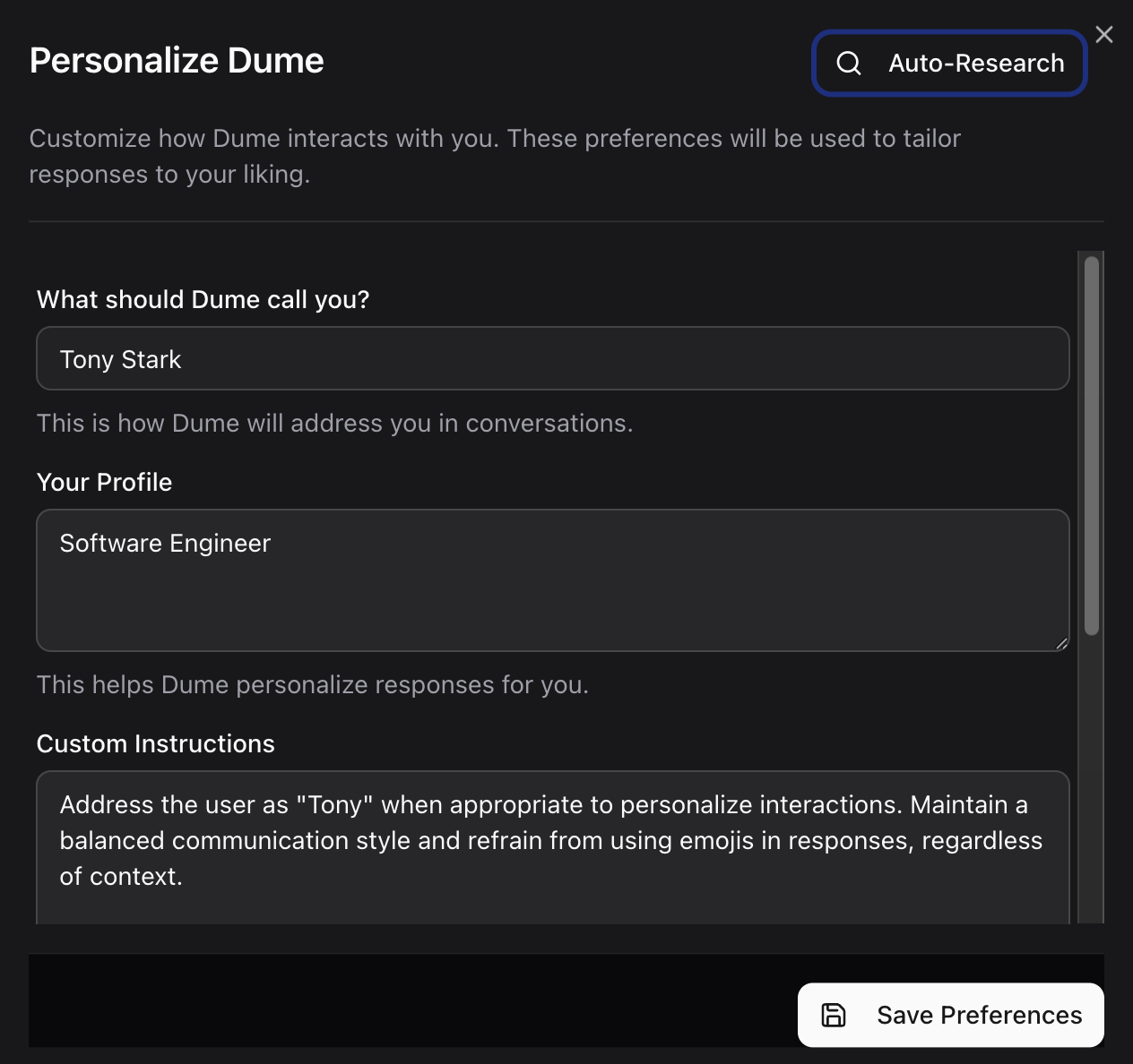 Profile information input form (dark mode) Dume profile input form showing fields for name, role, interests, and background information (dark mode)