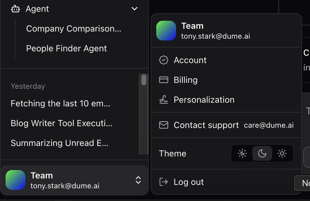 Accessing Dume personalization settings (dark mode) Dume personalization menu highlighting the personalization option in the main navigation (dark mode)