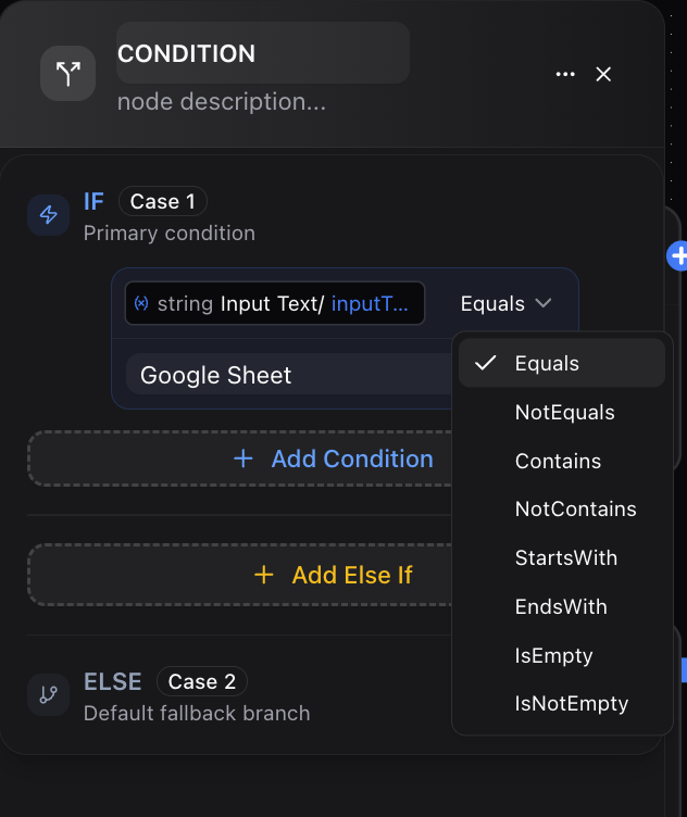 Dume.ai Workflow Condition options Workflow Dume.ai Condition options