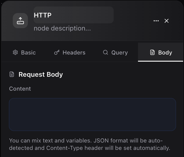 Dume.ai Workflow HTTP node body Workflow Dume.ai HTTP node body
