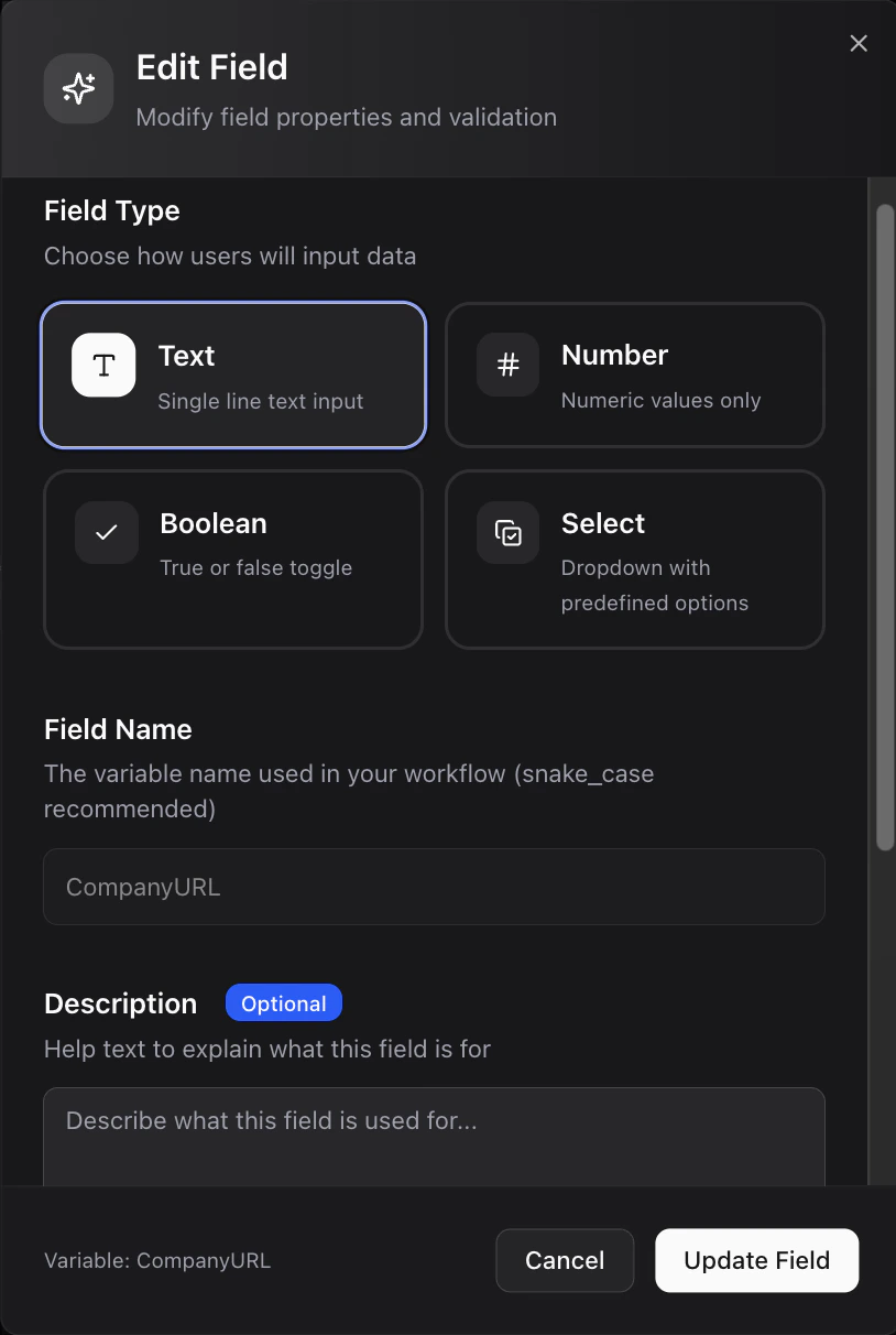 Dume.ai Workflow Input node Workflow Dume.ai Input node