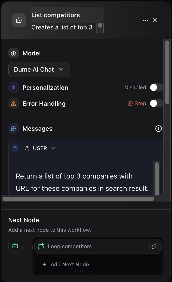 Dume.ai Workflow LLM node Workflow Dume.ai LLM node