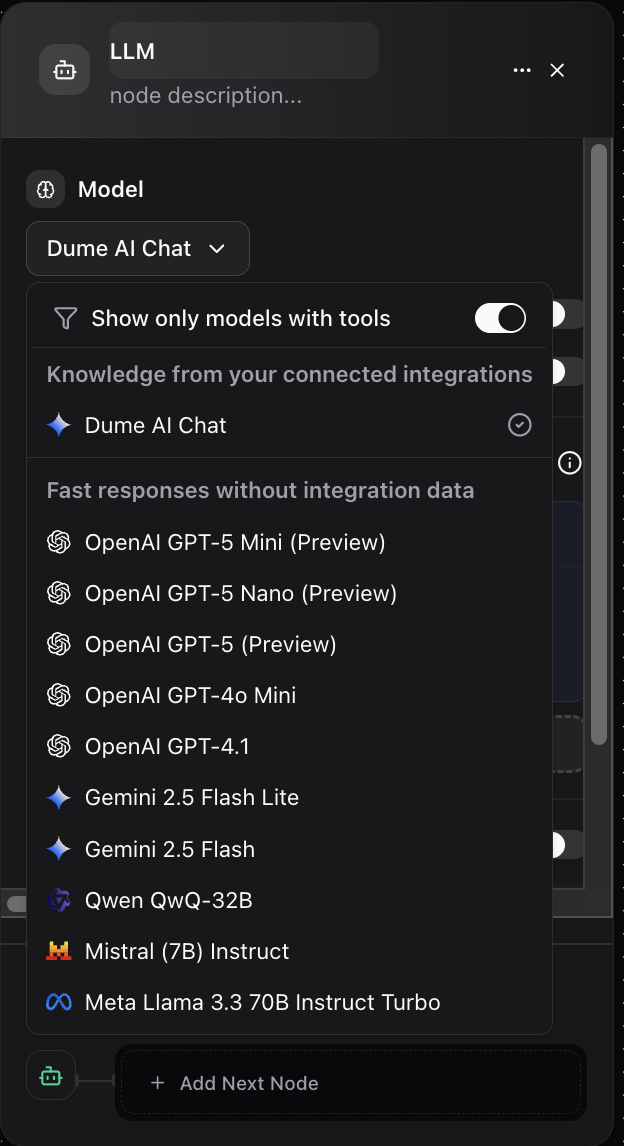 Dume.ai Workflow LLM options Workflow Dume.ai LLM options
