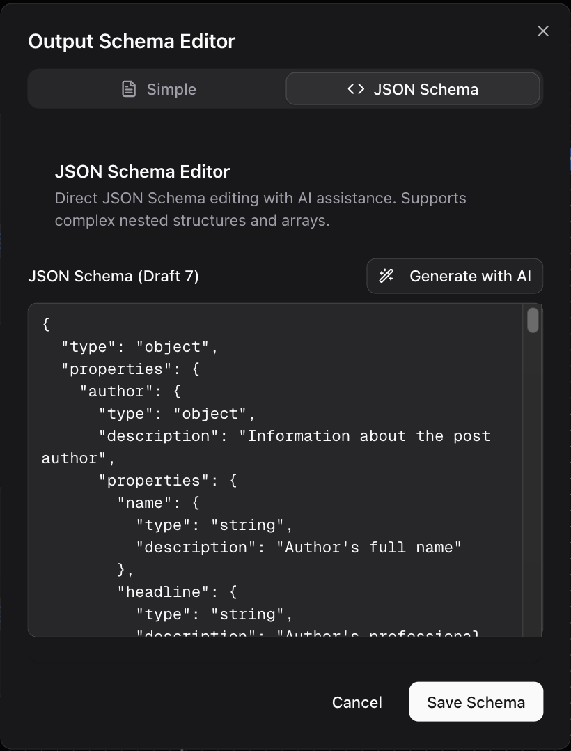 Dume.ai Workflow LLM schema editor Workflow Dume.ai LLM schema editor