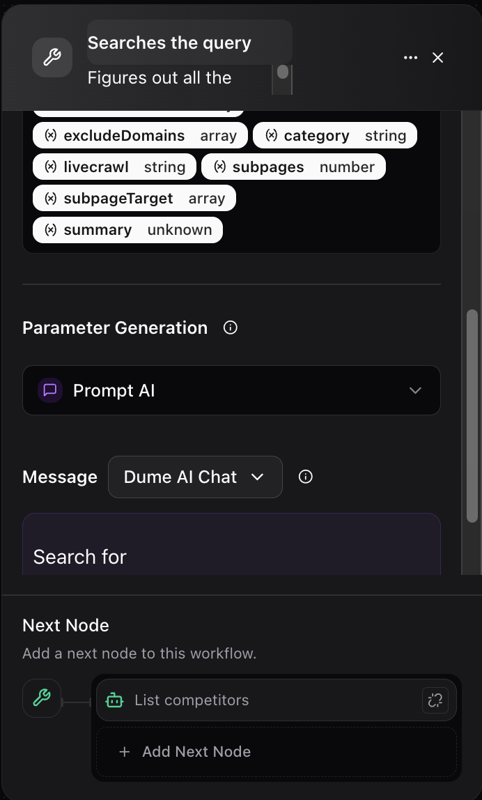 Dume.ai Workflow Tool node Workflow Dume.ai tool node
