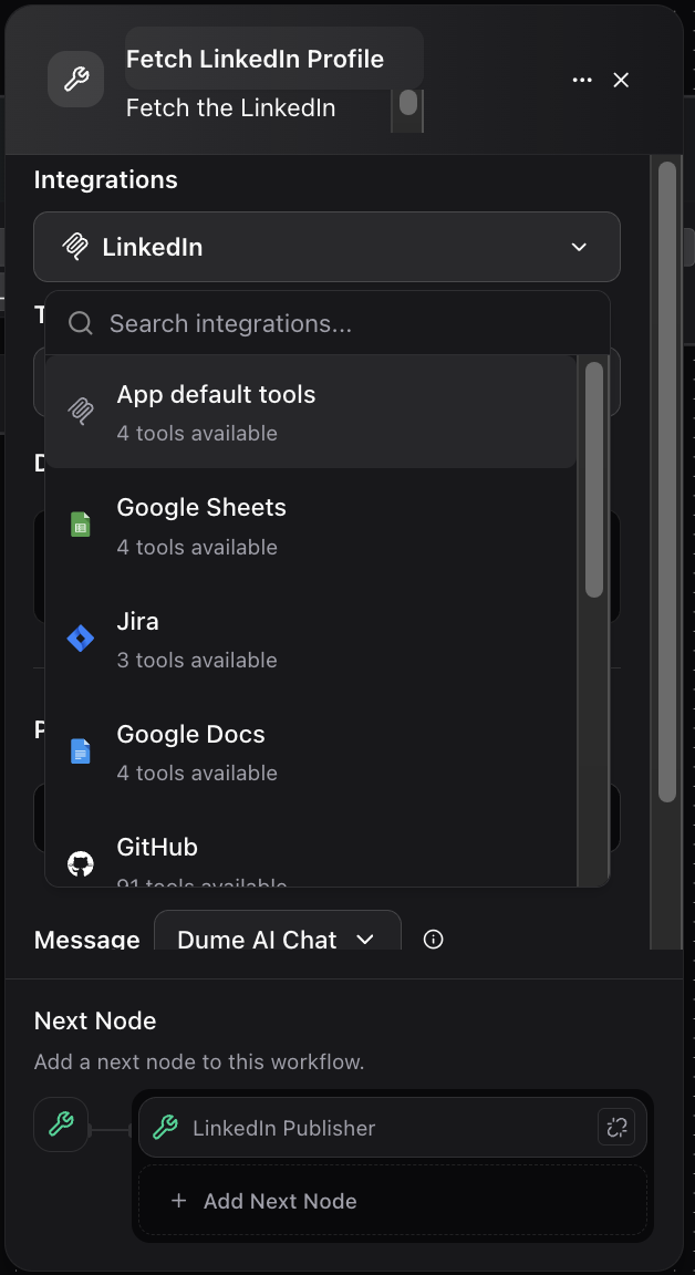 Dume.ai Workflow Tool integration Workflow Dume.ai tool integration