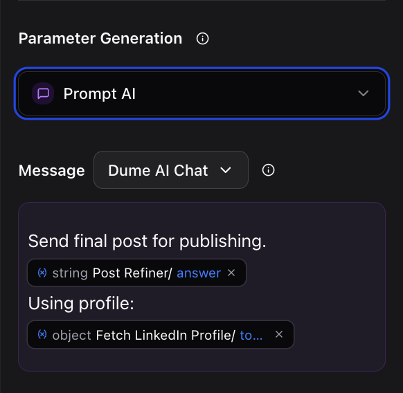 Dume.ai Workflow Tool message Workflow Dume.ai tool message