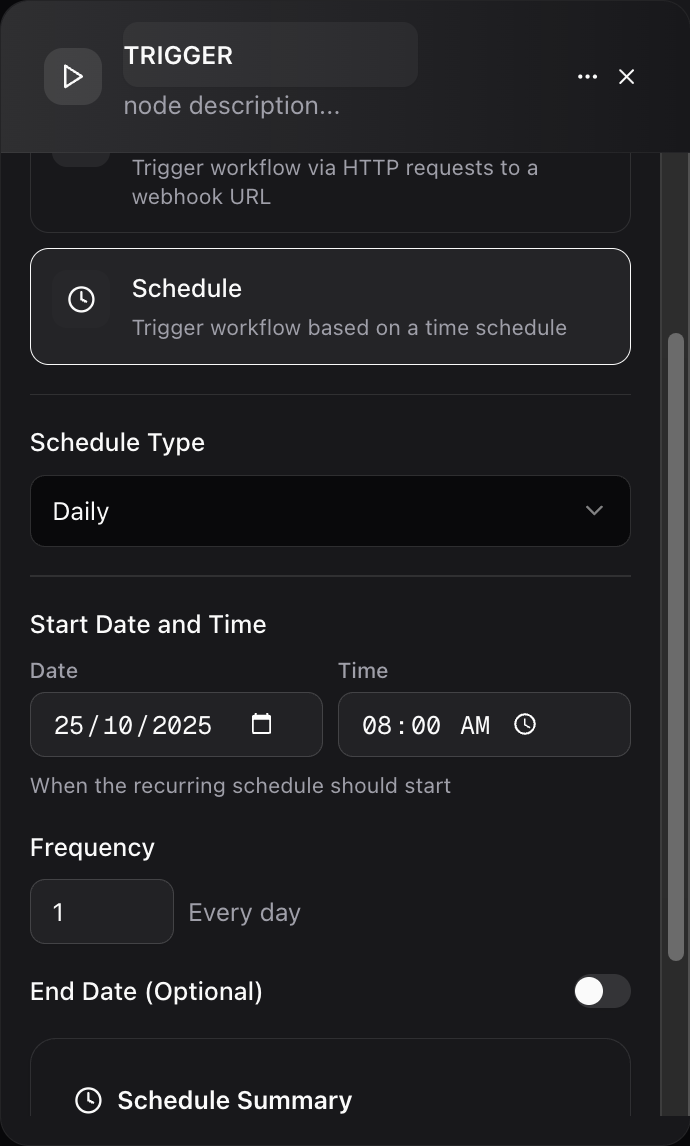 Dume.ai Workflow Trigger node Workflow Dume.ai trigger node