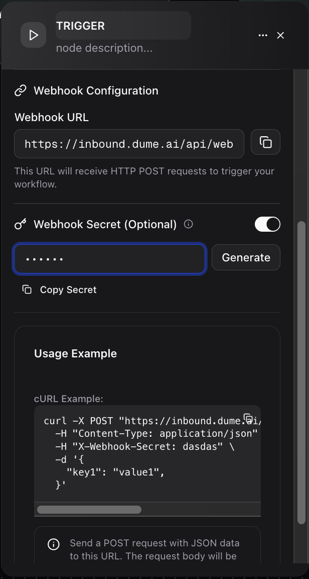 Dume.ai Workflow Trigger webhook Workflow Dume.ai trigger webhook