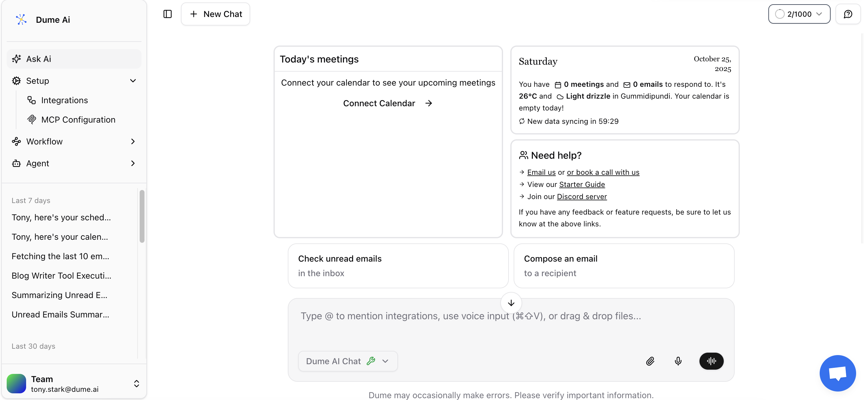 Dume chat interface overview Dume chat interface showing conversation area, input field, tool indicators, and sidebar navigation
