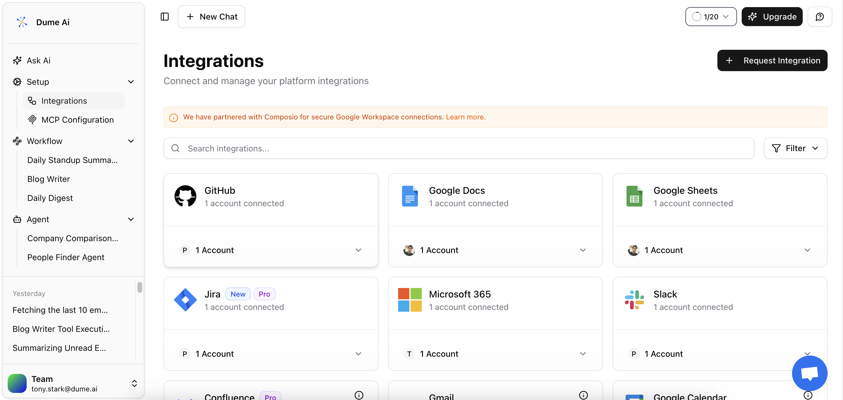 Dume integrations dashboard Dume integrations page showing available third-party tools and services
