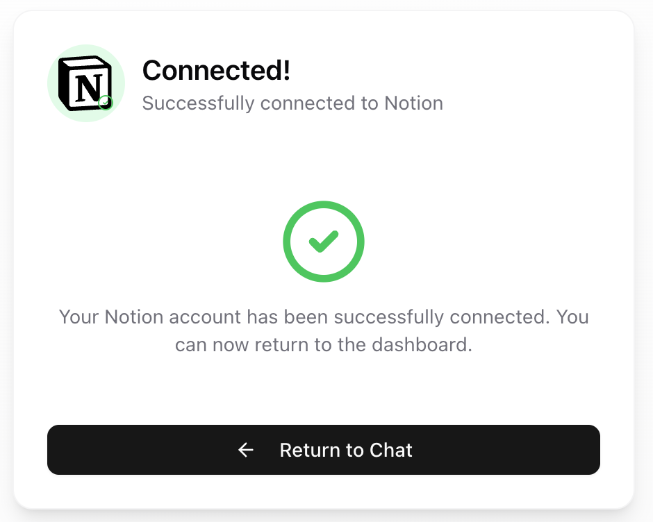 Integration successfully connected Successful integration confirmation showing connected status and available features