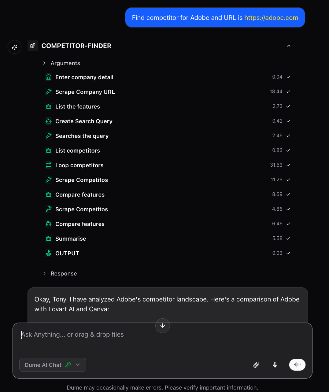 Dume.ai Agents Agent calling workflow with all fields