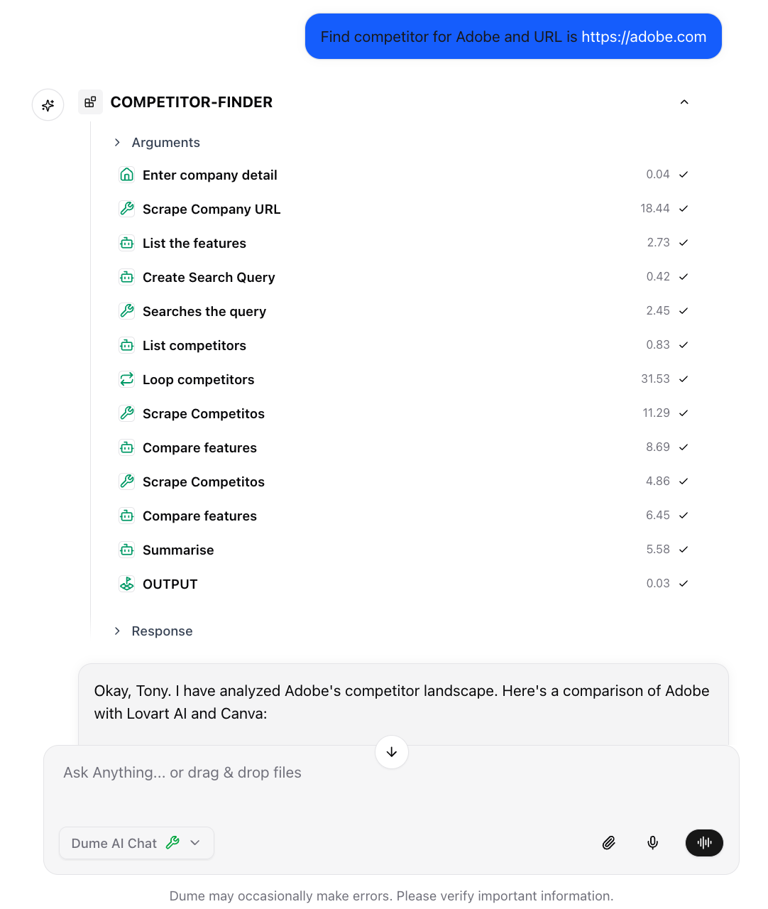 Dume.ai Agents Agent calling workflow with all fields