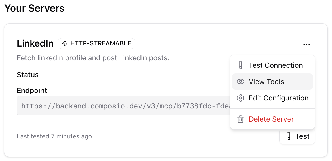 View MCP tools option Tools MCP server option