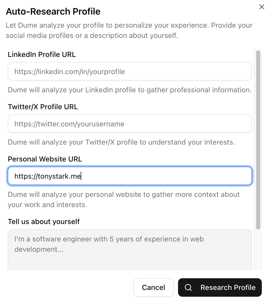 Auto-research feature configuration Auto-research toggle and input field for website or social media profile URL