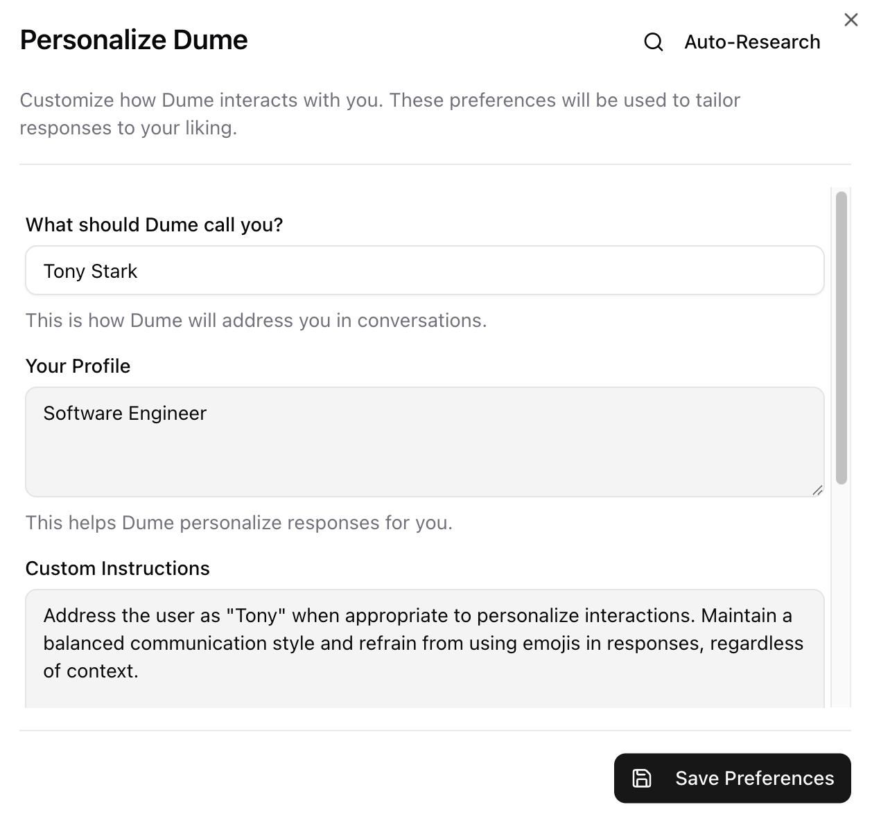 Profile information input form Dume profile input form showing fields for name, role, interests, and background information