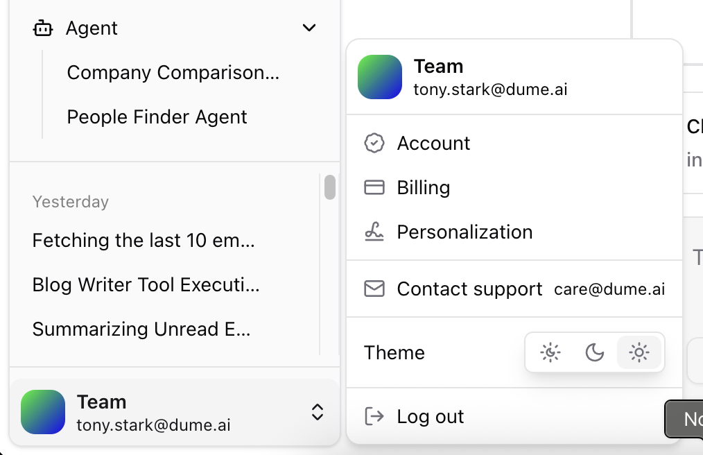 Accessing Dume personalization settings Dume personalization menu highlighting the personalization option in the main navigation