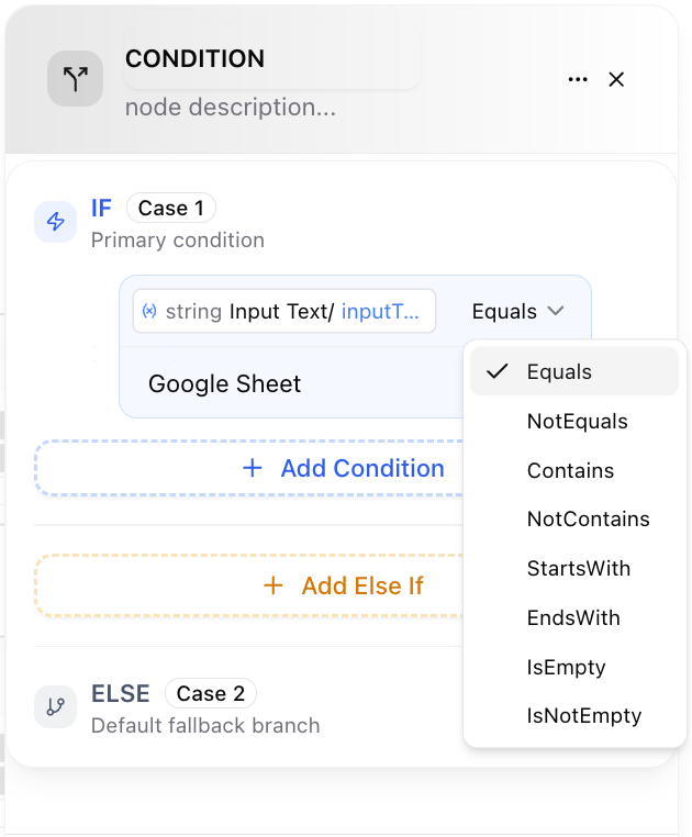 Dume.ai Workflow Condition options Workflow Dume.ai Condition options