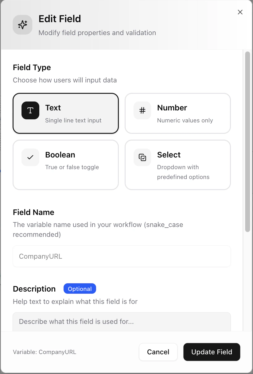Dume.ai Workflow Input node Workflow Dume.ai Input node
