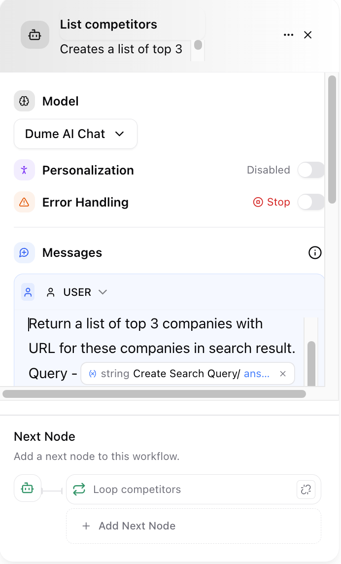 Dume.ai Workflow LLM node Workflow Dume.ai LLM node