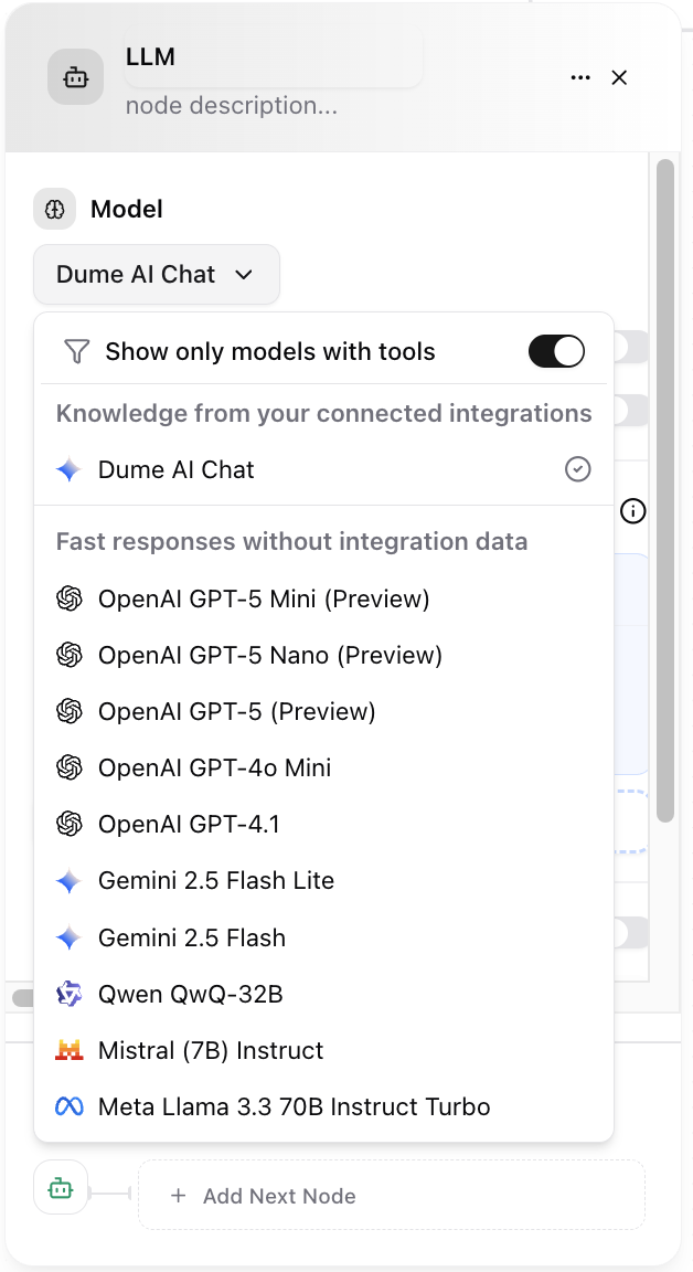 Dume.ai Workflow LLM options Workflow Dume.ai LLM options