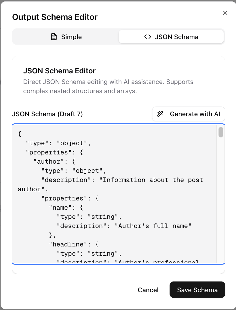 Dume.ai Workflow LLM schema editor Workflow Dume.ai LLM schema editor