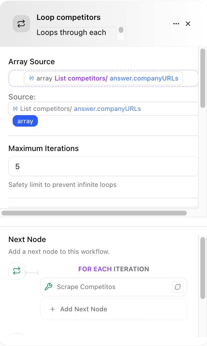 Dume.ai Workflow Loop node Workflow Dume.ai Loop node